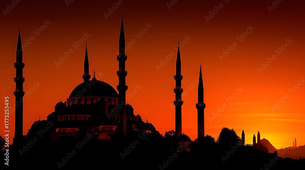 Obraz premium Prominent religious structure with tall minarets silhouetted against a vibrant orange sunset