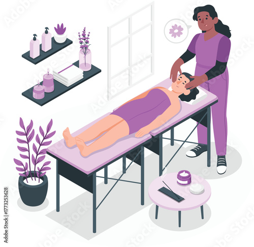 Massage therapist giving a facial massage to a client wellness relaxation