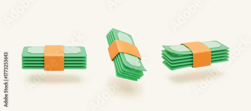 3D set of paper banknotes heap. Vector bundles of green paper currency, pack of money. Money management and financial saving icon. Paper currency cash payment. Finance, earning and wage concept