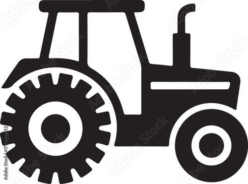 Black and white icon illustration of a tractor with large rear wheels and a smaller front wheel