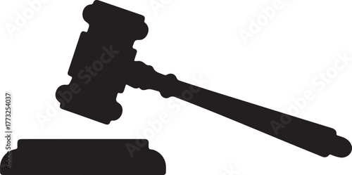 Black silhouette of a judge's gavel striking a sounding block on a white background justice