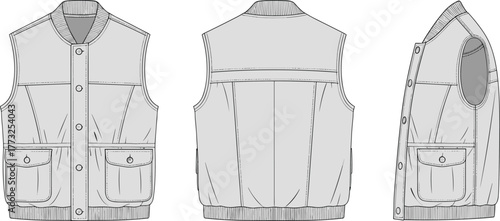 Men’s sleeveless utility vest technical flat sketch, button front workwear vest design, fashion vector template front back side view