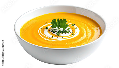 Orange soup swirls with cream in white bowl. Garnish on top