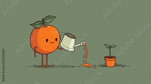 Cartoon Orange Character Watering Plant with Juice on Green Background