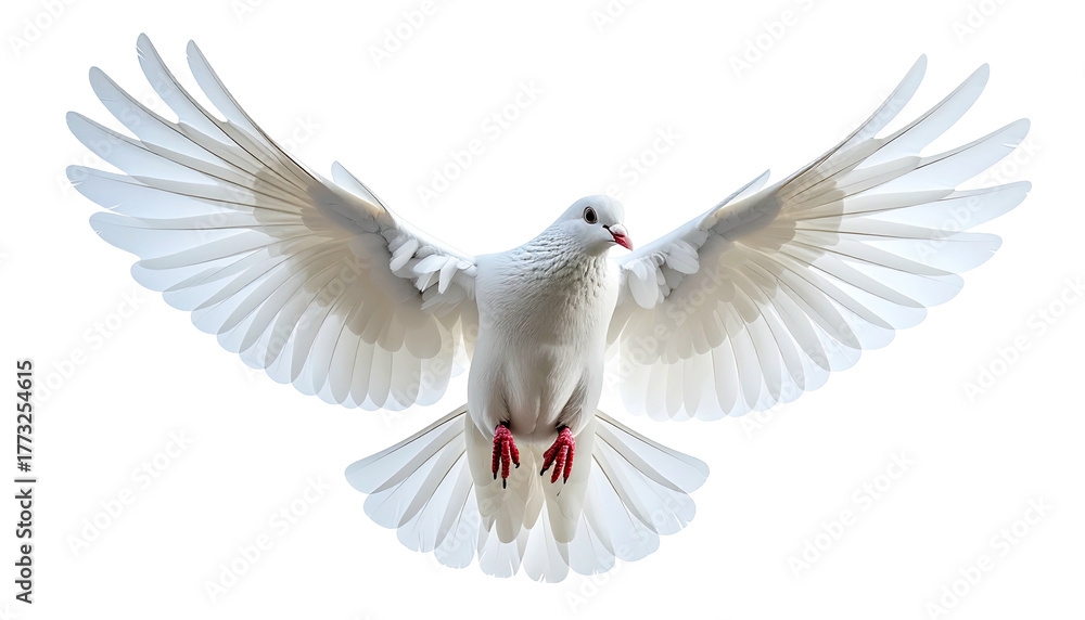 Fototapeta premium White dove soaring, wings spread wide, against a dark background