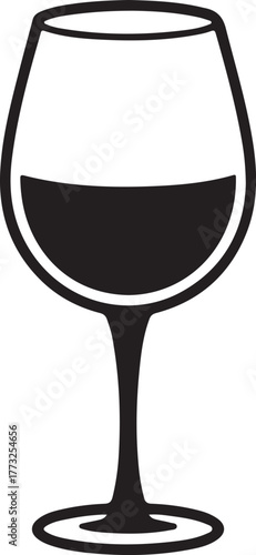 Minimalist black and white illustration of a wine glass filled with dark liquid drink 1