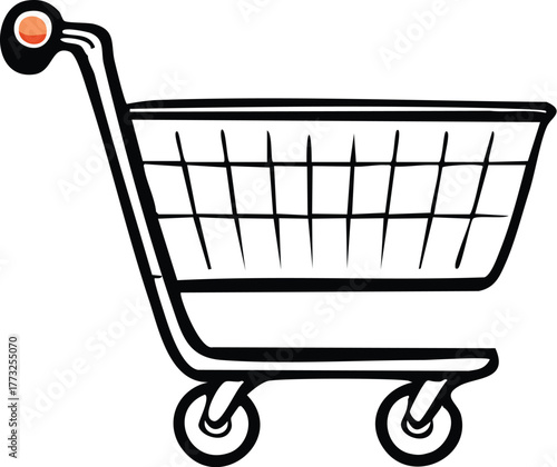 Clean line art illustration of a retail shopping cart, essential for designs involving consumer purchasing, market transactions, e-commerce, and business graphics