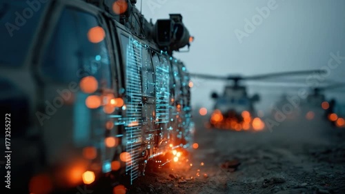 Military helicopters preparing for takeoff at dusk with vibrant lights illuminating the vehicles and creating an atmosphere of high technology and readiness
