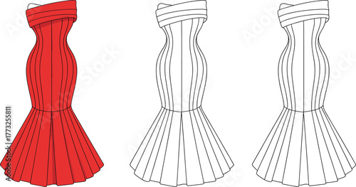 Mermaid gown, pleated skirt, fitted bodice, off-shoulder neckline, vertical seam detail, fashion flat sketch, cad drawing, vector illustration