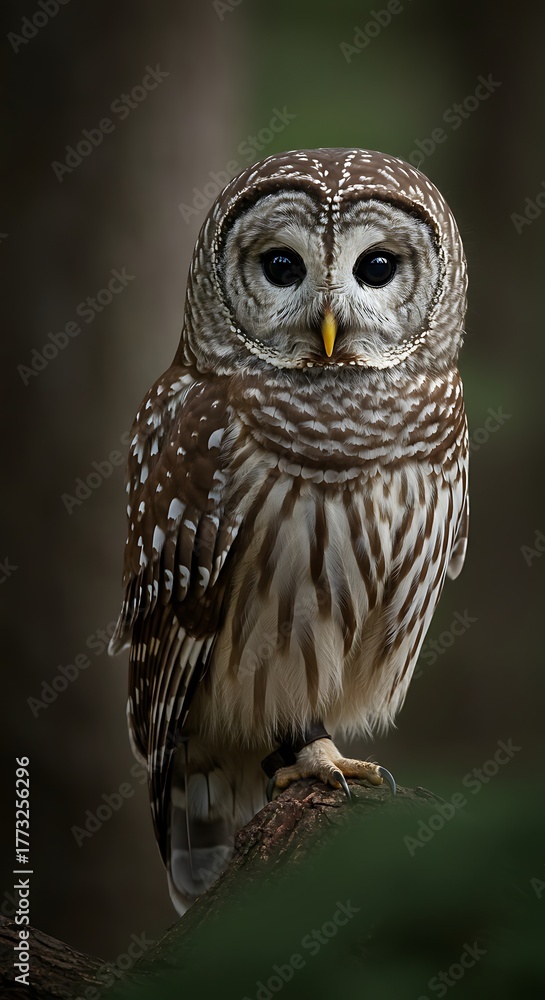 Fototapeta premium Majestic Barred Owl Perched on Branch in Forest, Detailed Feathered Portrait.