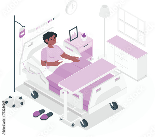 Patient in Hospital Bed with IV Drip and Overbed Table sick illness