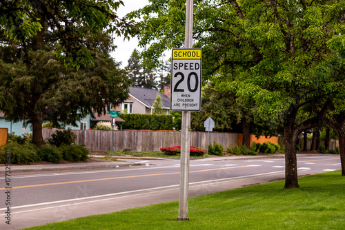 Metal pole with speed liimiting sign in a school zone on it read