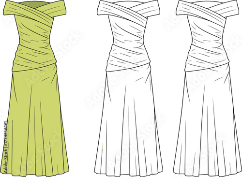 Off-shoulder draped evening gown fashion flat sketch, women’s formal dress CAD drawing, elegant maxi dress technical vector template