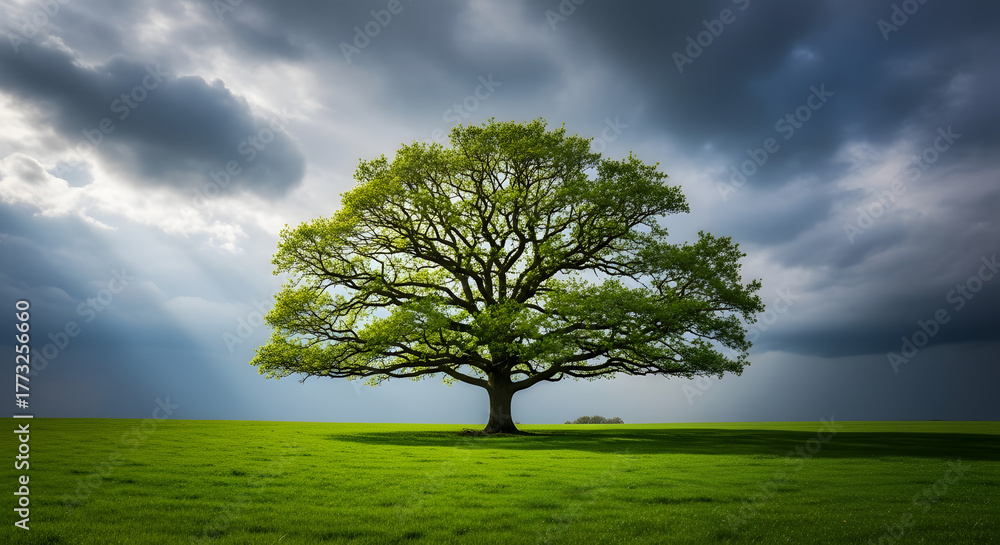 Obraz premium Spectacular single oak tree on green field under moody dramatic clouds