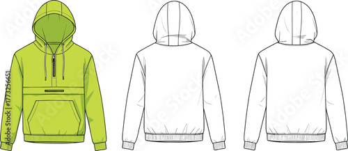Neon green hoodie technical flat sketch vector, front and back view apparel template, fashion streetwear mockup, unisex sweatshirt CAD illustration