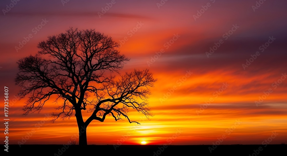 Naklejka premium Silhouette of a lone tree against a vibrant sunset sky.