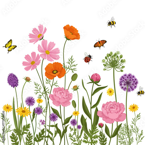 Vibrant Garden Flower and Insect Border Vector