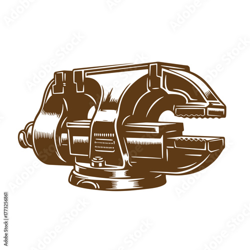 Vintage art illustration of a heavy duty bench vice used in metalworking and craftsmanship