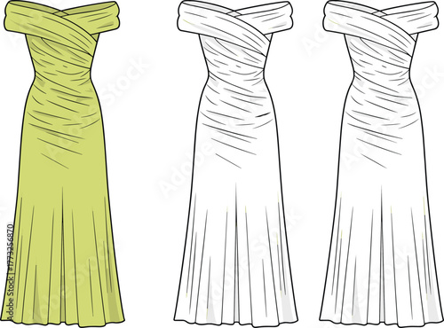 Off-shoulder draped evening gown flat sketch, women’s elegant long dress CAD drawing, fashion vector template for formalwear design