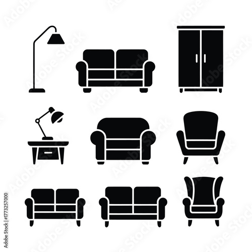 Collection of modern furniture icons including sofas armchairs and lamps