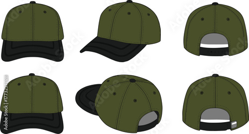 Olive green baseball cap with black brim, six angle views, adjustable strap variations, detailed stitching, structured crown, cad drawing flat vector illustration