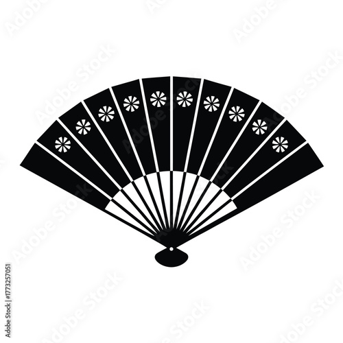 Black and white graphic of a traditional japanese folding fan