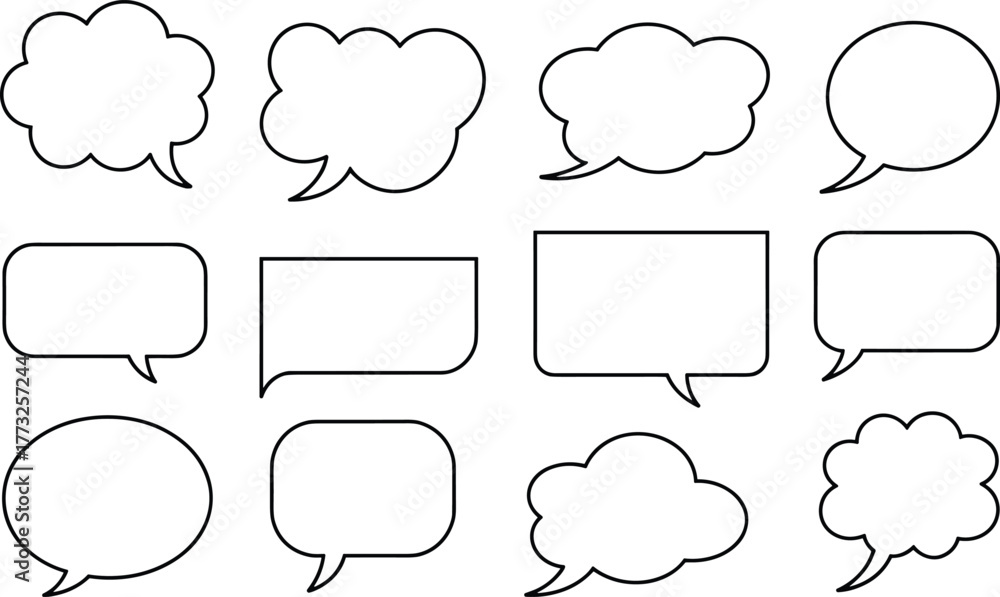 Fototapeta premium \omic speech and thought bubbles set, twelve empty shapes, dialogue and idea templates, cartoon communication elements, flat vector illustration collection