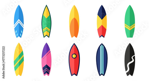 Colorful Flat Design Surfboard Collection for Summer Beach and Water Sport