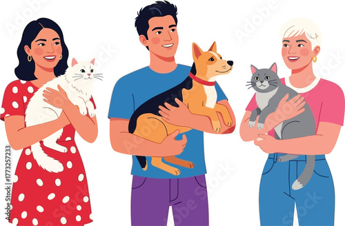 Happy pet owners lovingly holding their adorable cats and dog, showcasing the joys of modern pet ownership and the bond between humans and their animal companions