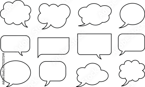 \omic speech and thought bubbles set, twelve empty shapes, dialogue and idea templates, cartoon communication elements, flat vector illustration collection