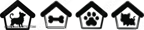 Adorable pet icons featuring dog, cat, bone, and paw print within cute house shapes, perfect for pet stores, groomers, veterinary clinics, and animal shelters
