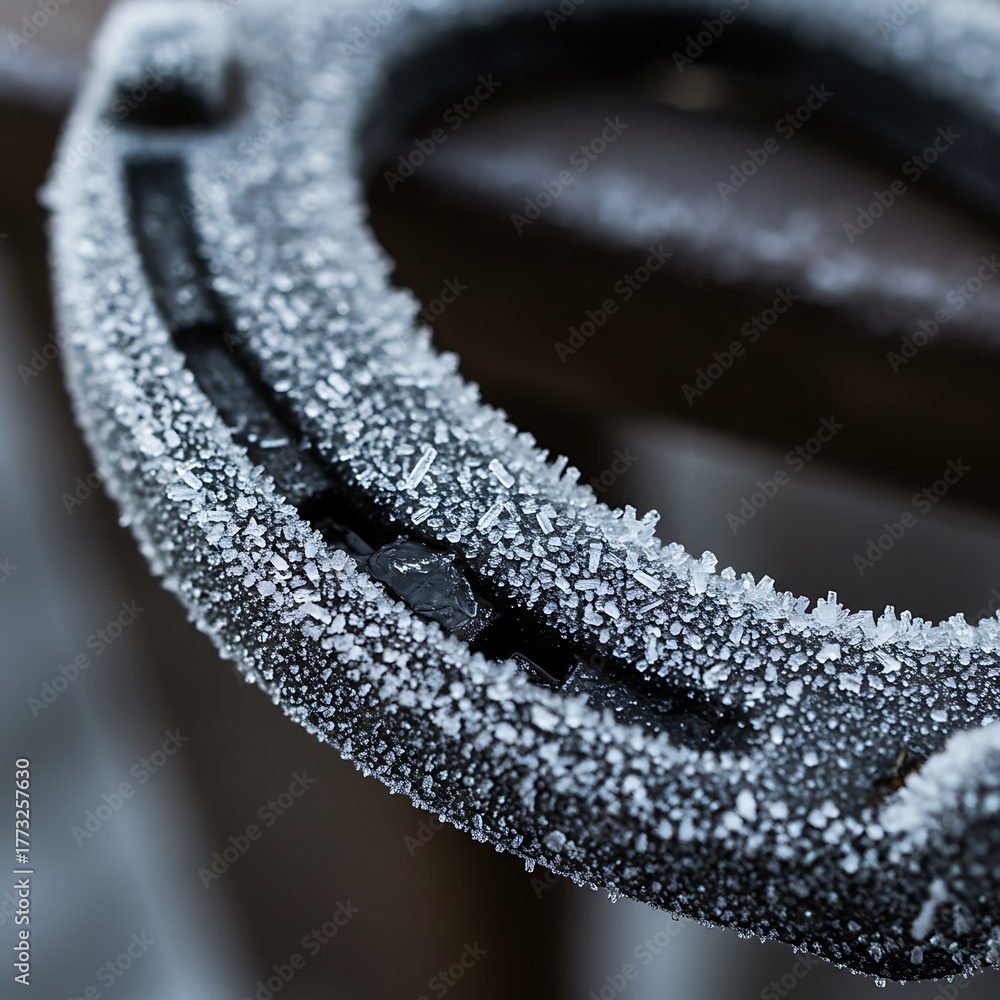 Fototapeta premium Frozen horseshoe with ice crystals evokes winter's embrace and tradition