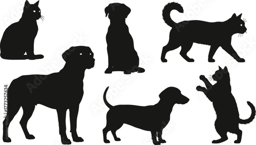 Charming pet silhouettes for your project featuring playful cats and loyal dogs in various poses, perfect for animal lovers and pet-themed designs