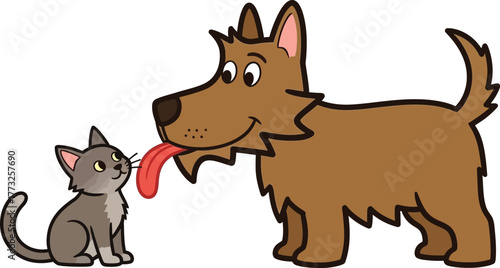 Adorable cartoon illustration of a friendly dog licking a cute cat, perfect for children's books, pet product marketing, and heartwarming animal stories