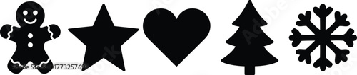 Set of Black Christmas Cookie Cutter Shapes Icon Silhouette Gingerbread Star Heart Tree Snow