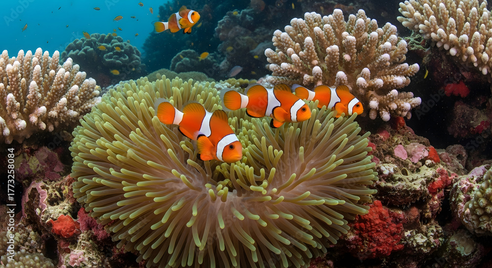Fototapeta premium Vibrant Clownfish Swimming Among Colorful Coral Reefs.