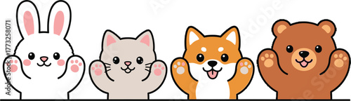 Adorable cartoon animal lineup featuring a bunny, cat, dog, and bear, perfect for kids' products and friendly designs, bringing joy and charm to any project
