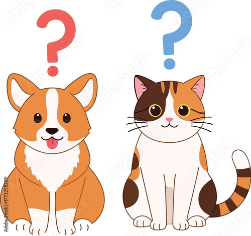 Adorable corgi and calico cat contemplating life's questions, perfect for pet lovers, animal shelters, and educational materials about pets