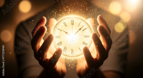Hands holding a glowing clock symbolizing time and magic
