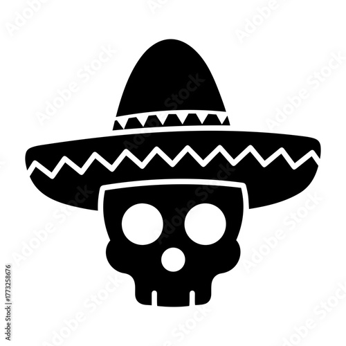 Illustration of a black skull wearing a sombrero with a jagged brim and a rounded top design