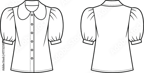 Peter Pan collar blouse fashion template, CAD garment drawing, flat vector illustration, puff sleeve design, button down sketch, fitted silhouette, clothing outline
