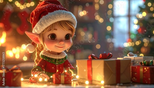 Little Elf Arranging Gifts on Table in Santa’s Workshop