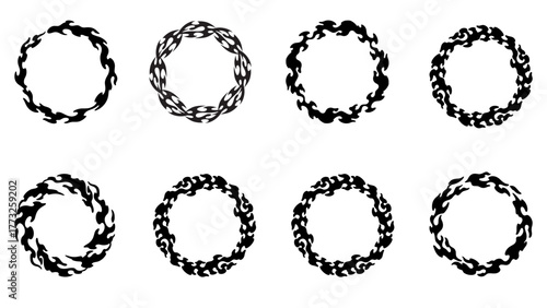 fire flame rings. Black burning hoops, blaze round border frames, inferno fire circle gate, energy dynamic effect. Vector set