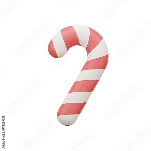 Red and White Striped Candy Cane on White Background Holiday Sweet Treat