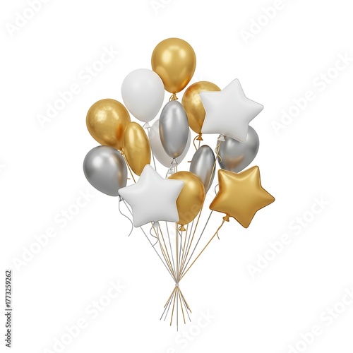 Festive Silver Gold Balloons Bunch with White Stars on White