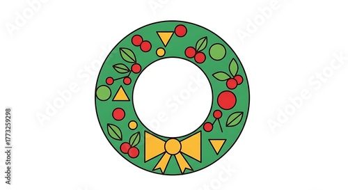 Festive Green Wreath with Red Berries and Yellow Bow on White