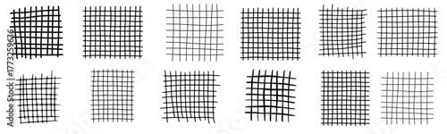 Grid pattern hand drawn. Line checkered texture, pencil sketch stripe paper. vector set