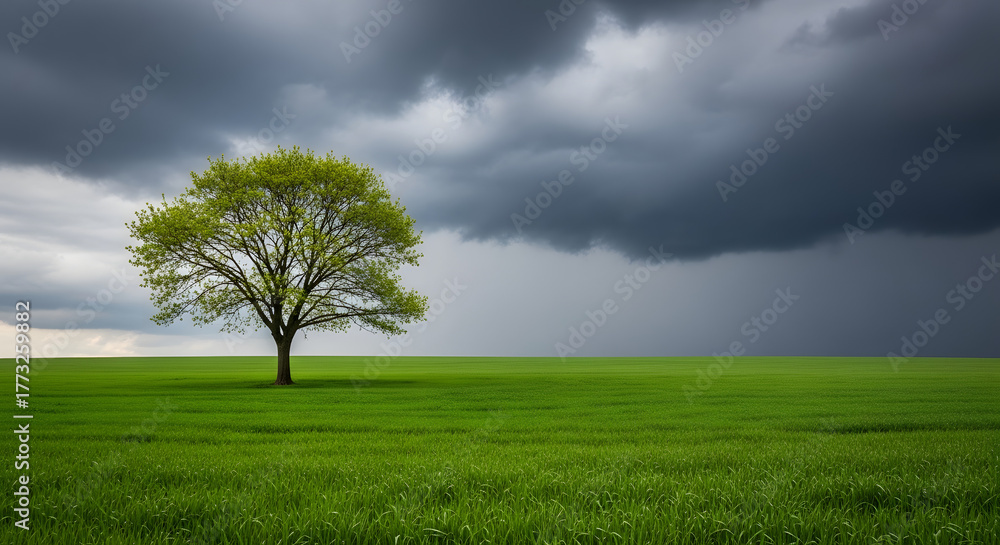 Obraz premium Lonely tree on lush green field under dramatic sky before rain