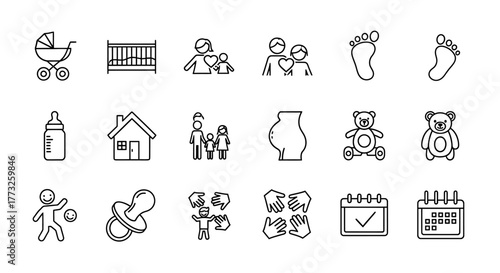 Collection of linear icons representing family, baby, and childhood isolated on white background