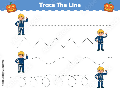 Handwriting Practice. Tracing lines with halloween kids. Vector Illustration for kids